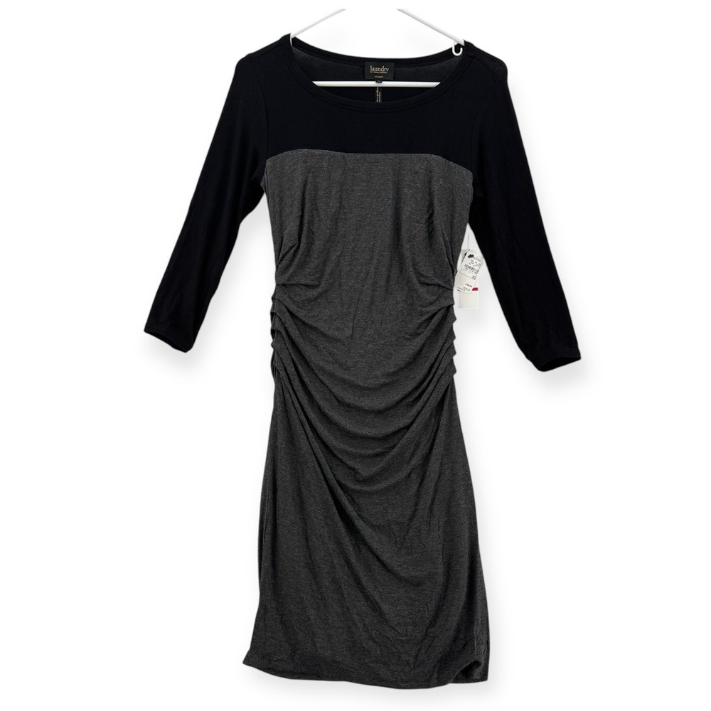 Laundry by Shelli Segal Fitted Dress Womens XS Gray Black Ruched 3/4 Sleeve NWT